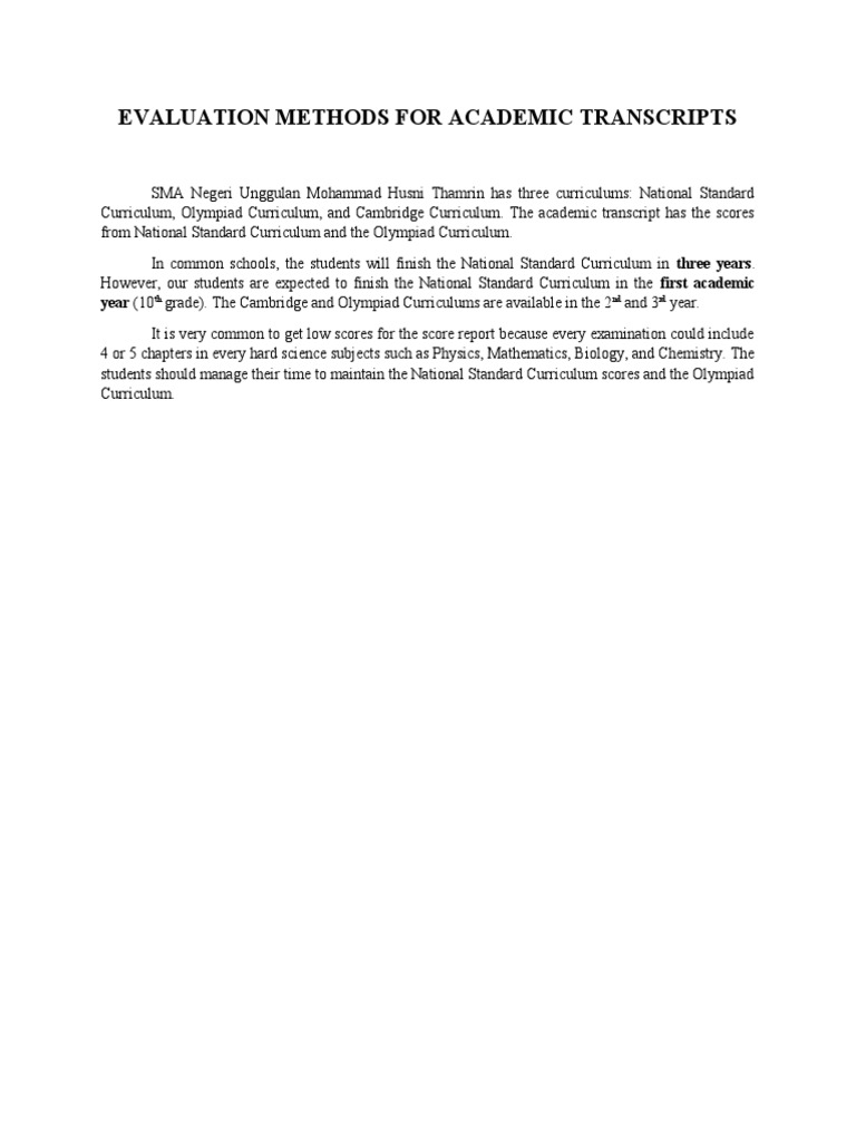 Evaluation of Academic Transcripts at SMA Thamrin | PDF | Science ...