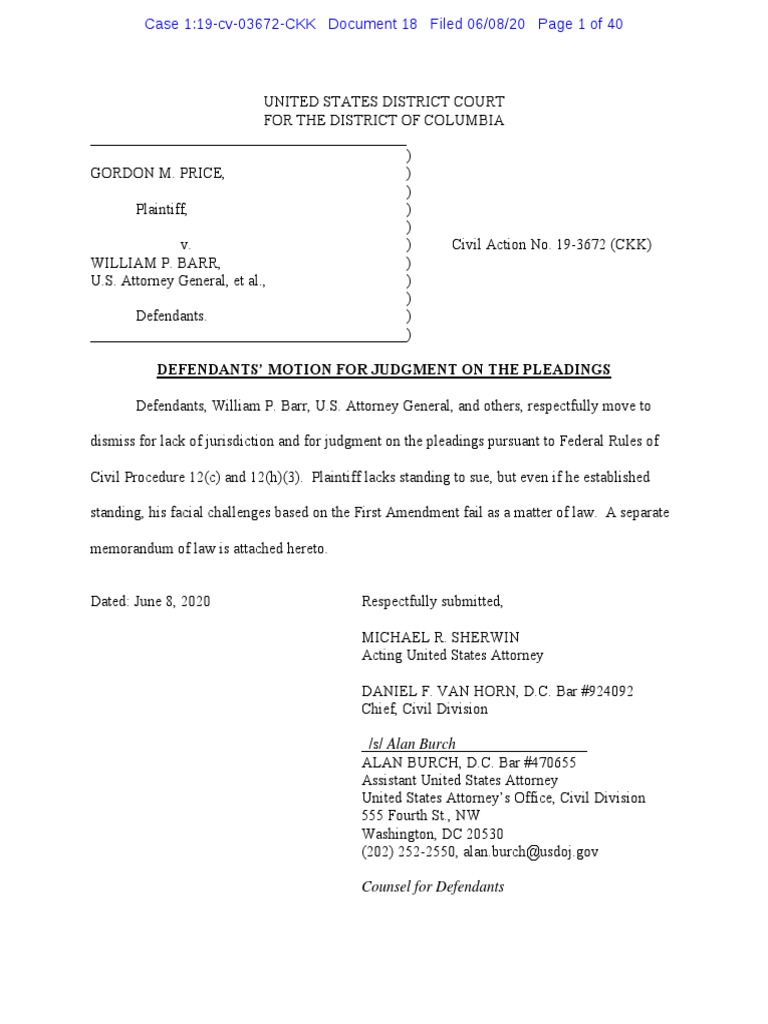 Price V Barr Motion For Judgment On The Pleadings PDF Ashcroft V
