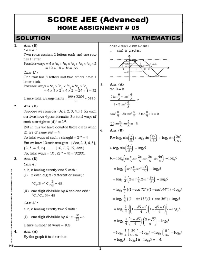 Score Jee Advanced Home Assignment 05 Solution Mathematics Elementary Geometry Equations
