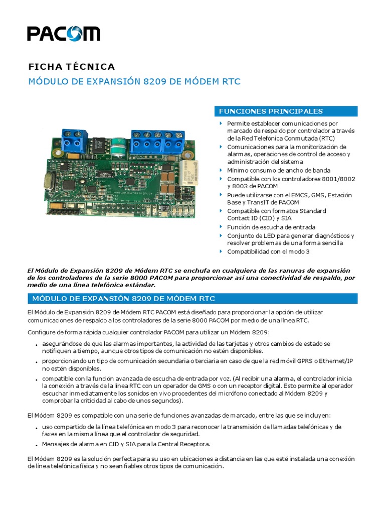 PACOM Módulo de Expansión 8209 de Módem RTC - Ficha Técnica PDF ...