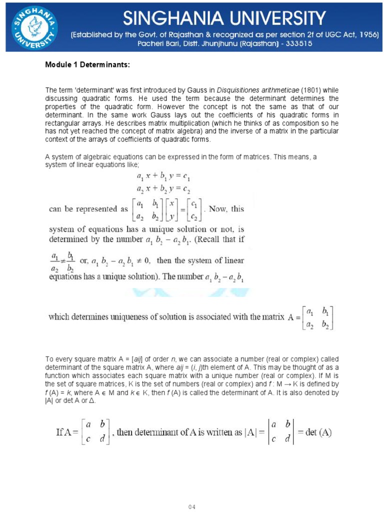 Module 1 Determinants F A K Where A Pdf Determinant Matrix