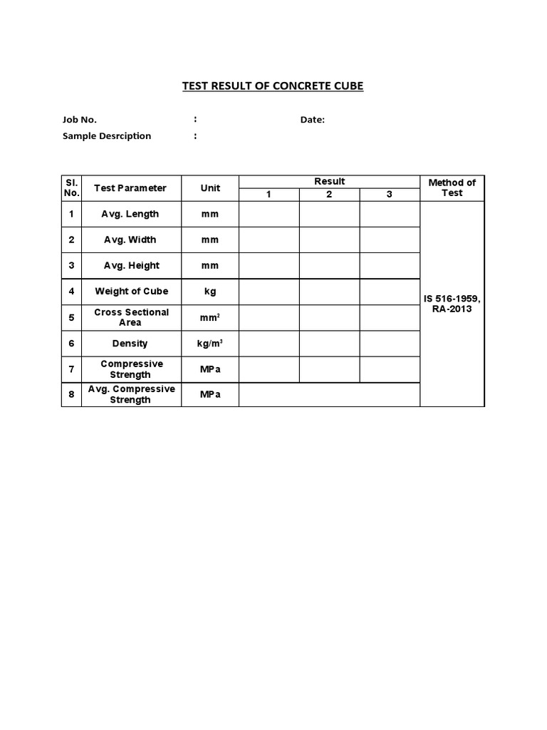 Test Result of Concrete Cube::: Job No. Date: Sample Desrciption | PDF