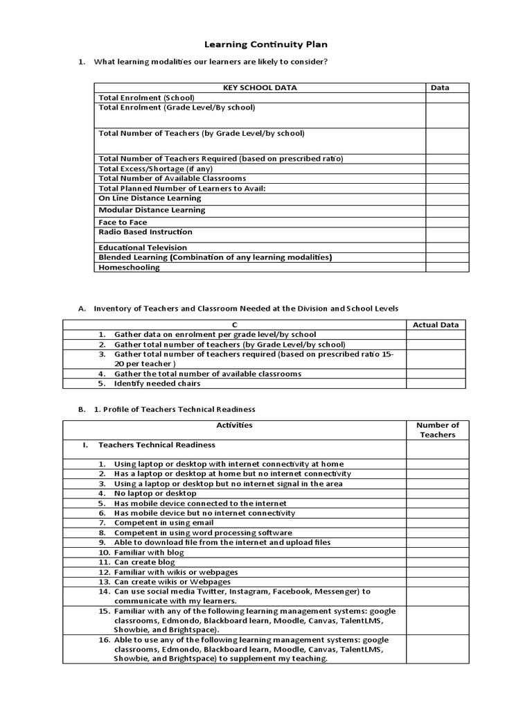 Learning Continuity Plan Guide PDF Pedagogy