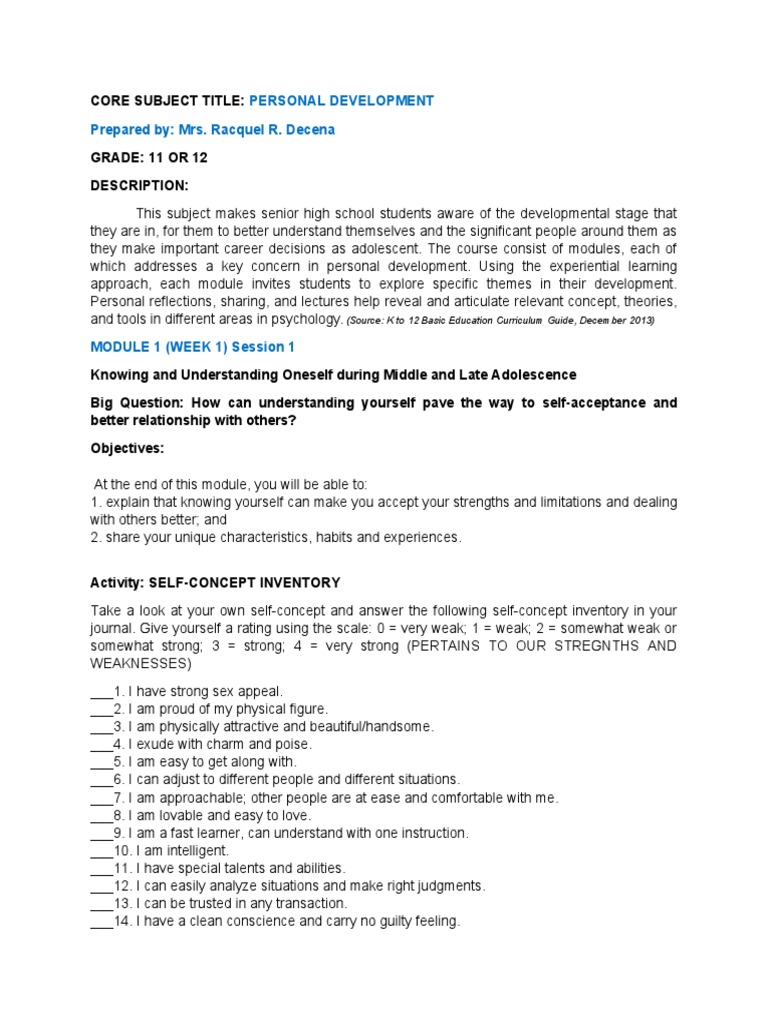 Personal Development for Adolescents | PDF | Self Concept | Adolescence