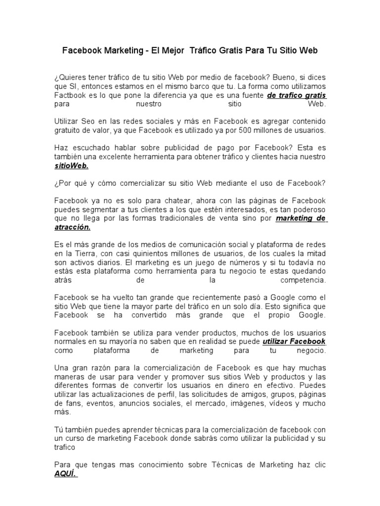 Marketing en Facebook: Tráfico Gratis Efectivo | PDF | Facebook | Marketing