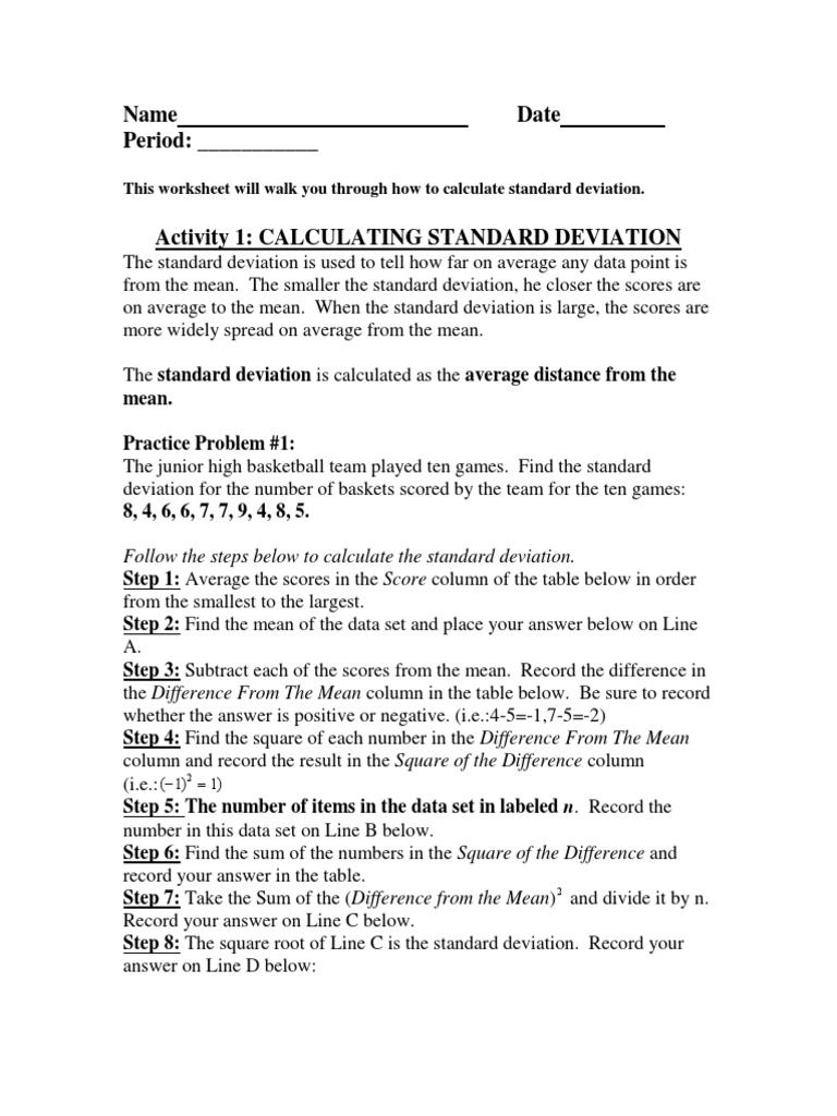 Name Date Period: - : This Worksheet Will Walk You Through How To Calculate Standard  Deviation | PDF | Standard Deviation | Variance