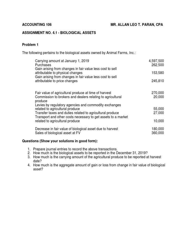 Accounting for Biological Assets and Agricultural Produce Journal