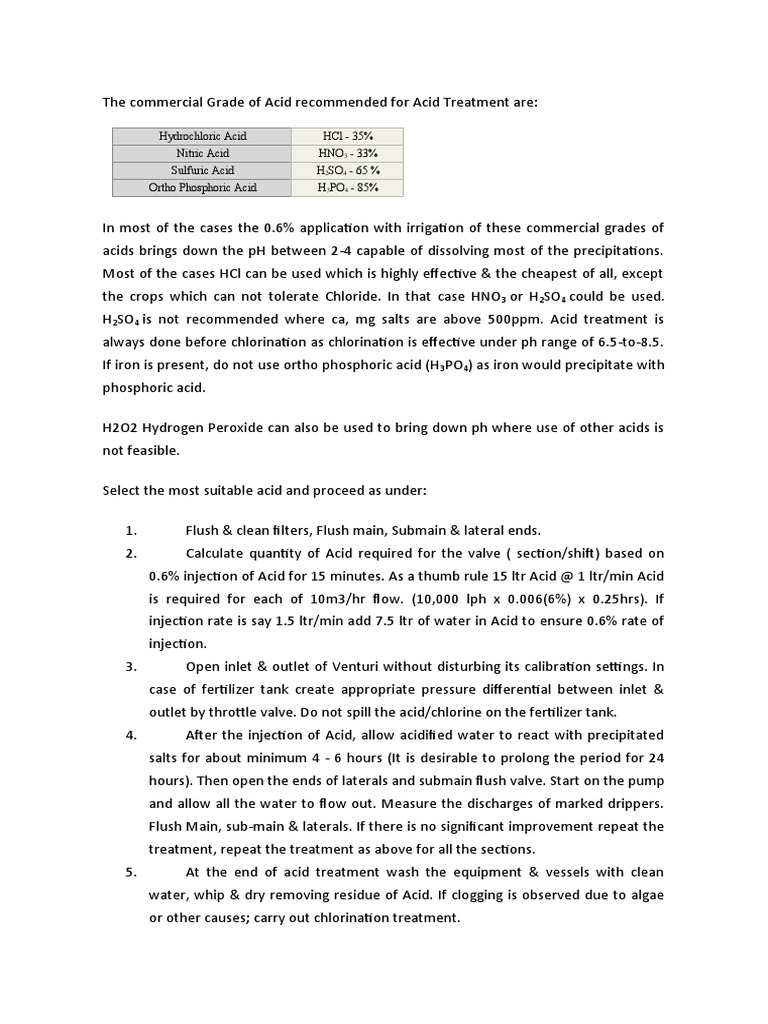 Acid Treatment For Drip PDF Acid Hydrochloric Acid