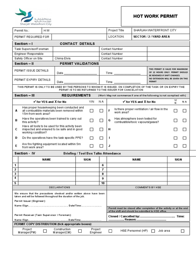 Hot Work Permit To Work PDF Firefighting Prevention