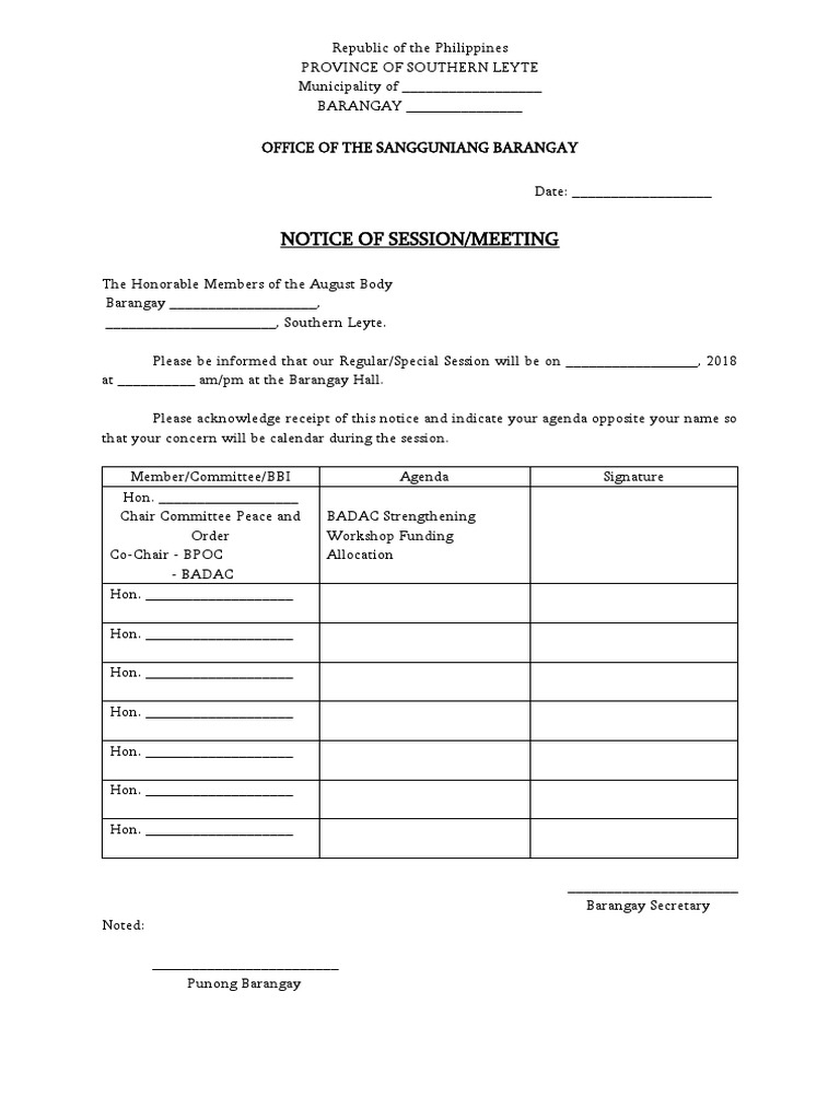 Barangay Session Notice Template | PDF | Social Science