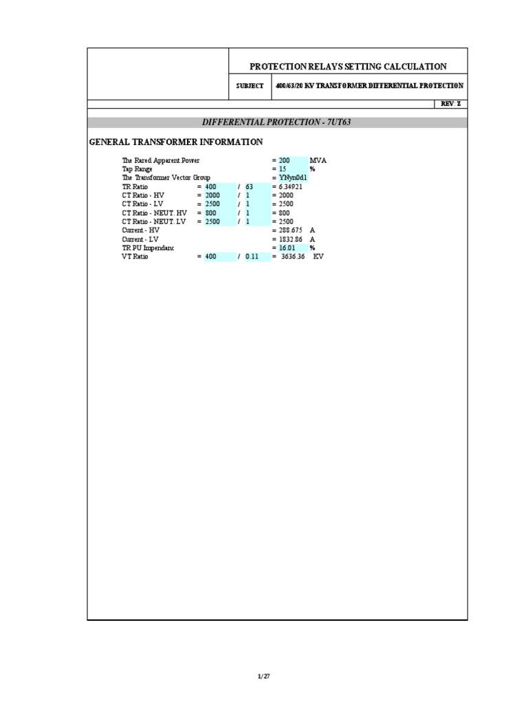 Protection Relays Setting Calculation PDF Phase (Waves) Transformer