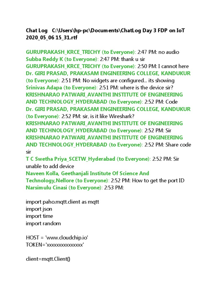 Day 3 IoT FDP Chat Log Summary | PDF | Telecommunications | Information ...