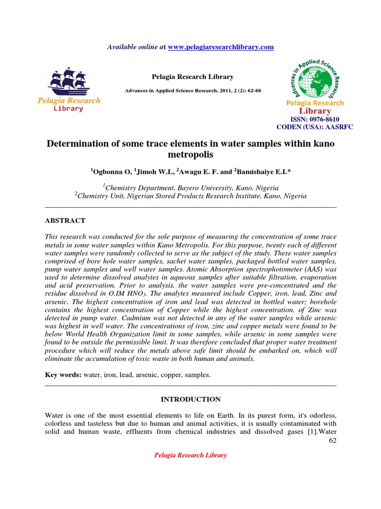 Determination of Some Trace Elements in Water Samples Within Kano