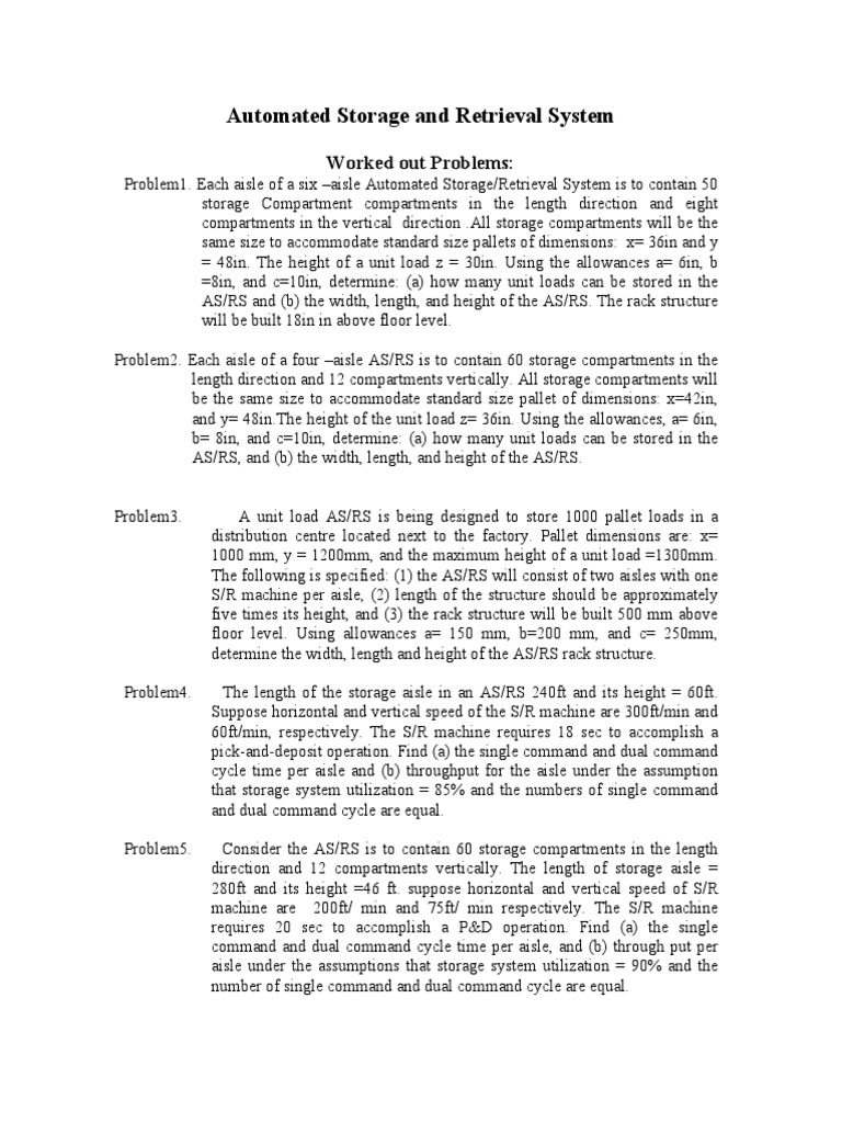 ASRS - Solved Examples PDF | PDF | Warehouse | Industries