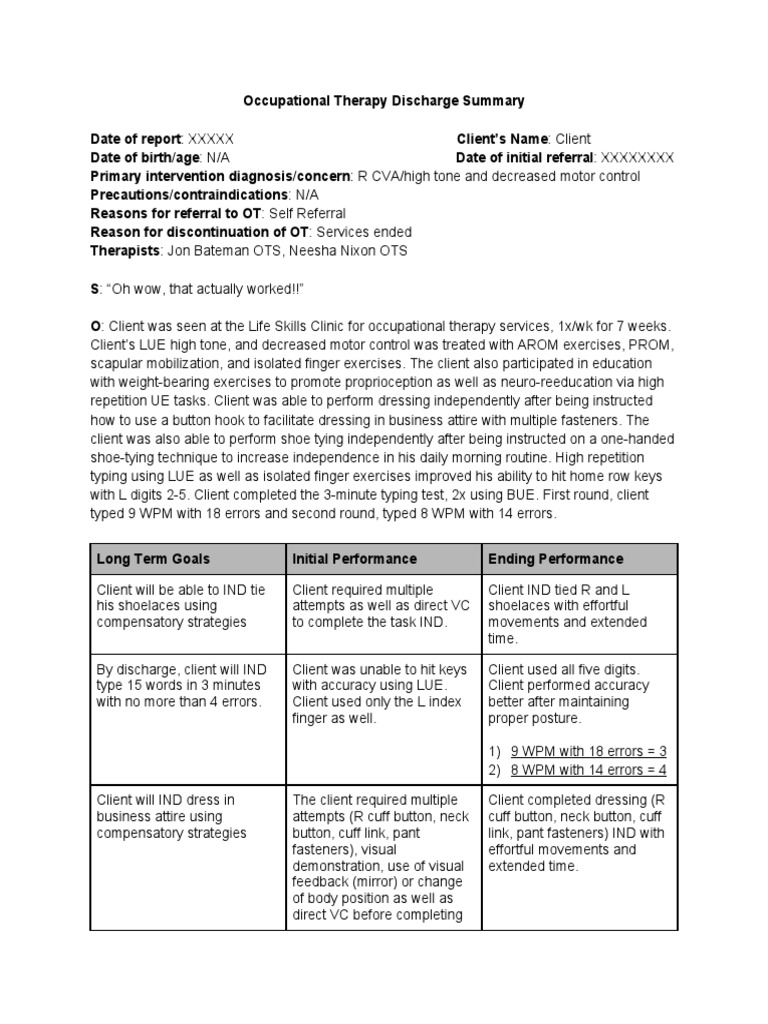 Artfact 3 Occupational Therapy Discharge Summary | PDF | Occupational ...