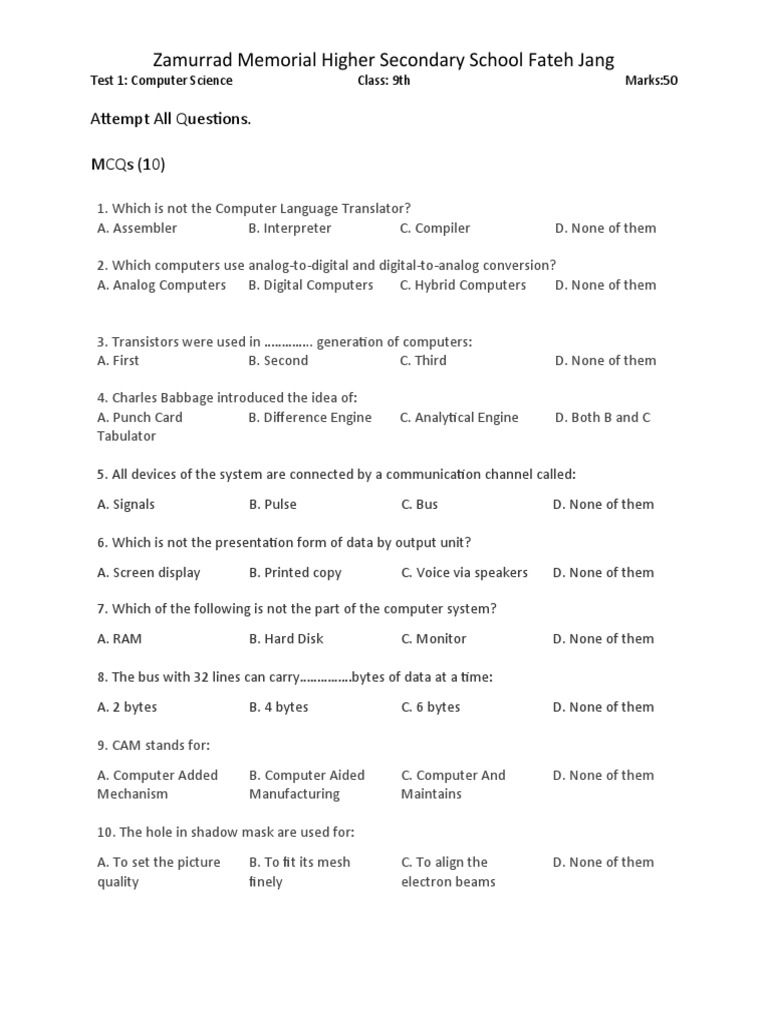 9th Grade Computer Science Test Paper | PDF | Computer Science | Office ...