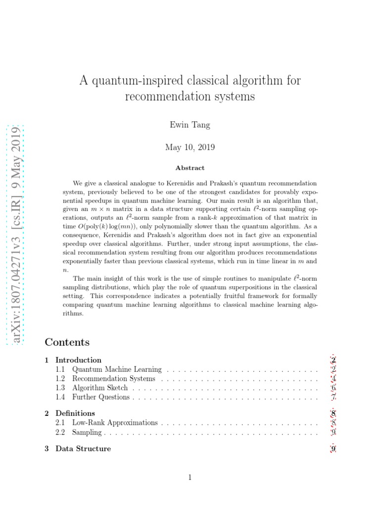 Classical Algorithm for Recommendations | PDF | Matrix (Mathematics ...