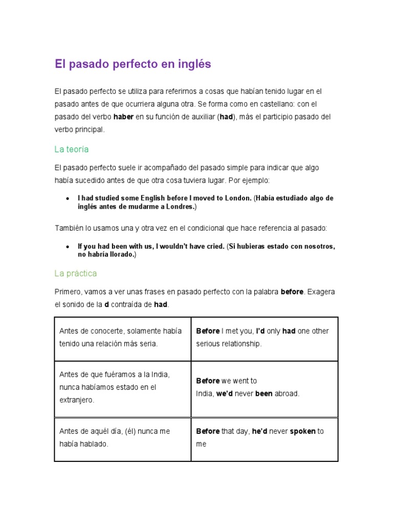 El Pasado Perfecto en Inglés | PDF | Idiomas
