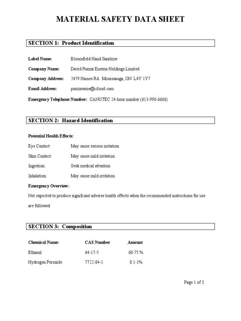 Bloomfield Hand Sanitizer MSDS Guide | PDF | Prevention | Occupational ...