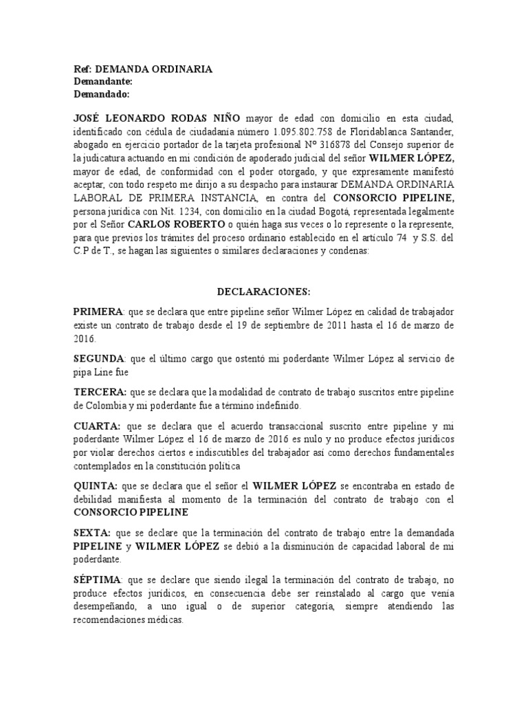 DEMANDA LABORAL (Modelo) | PDF | Derecho laboral | Invalidez