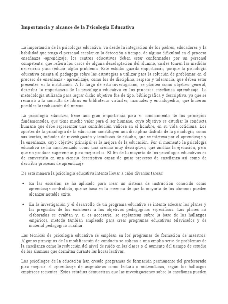 Importancia y Alcances de la Psicología Educativa | PDF | Psicología ...