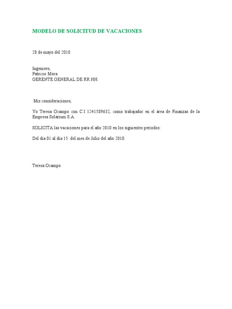 Modelo de Solicitud de Vacaciones
