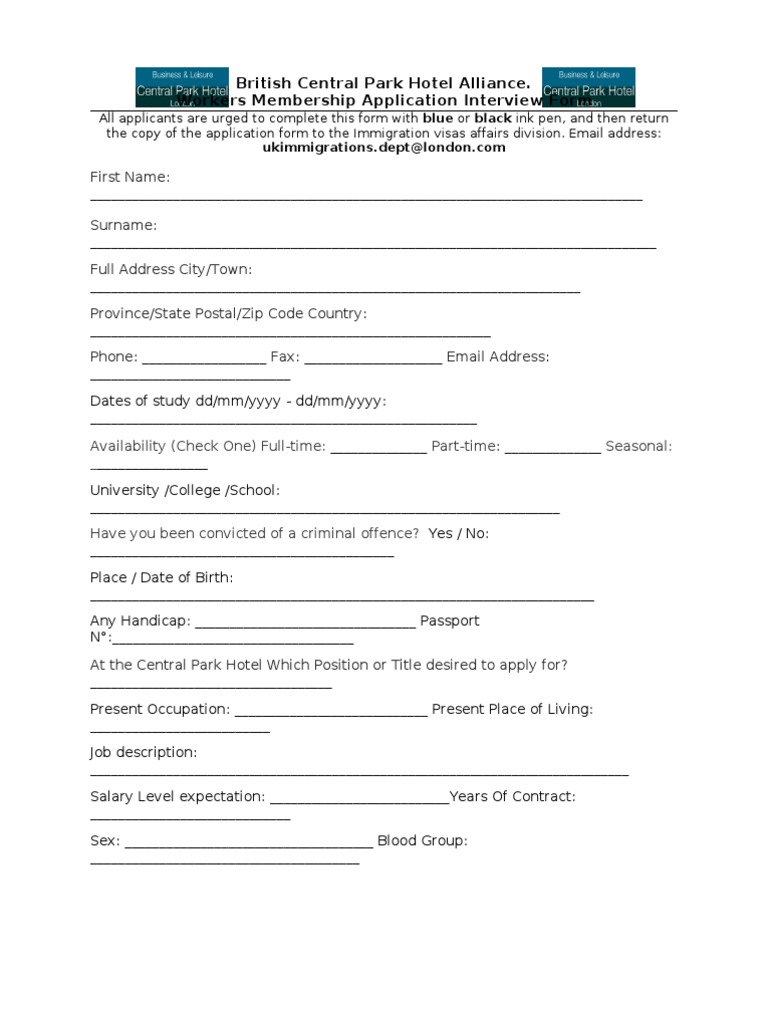 Central Park Hotel Worker Application Form | PDF | Government | Justice