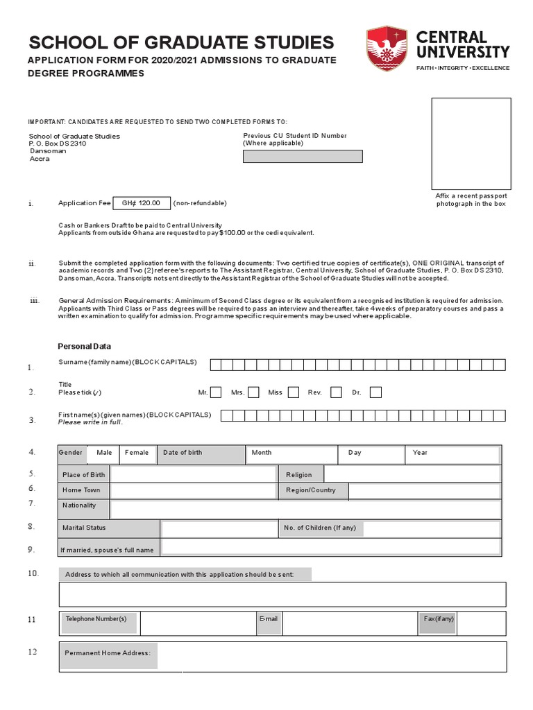 Graduate Admission Application Form 2020/2021 | PDF | Master Of Arts ...