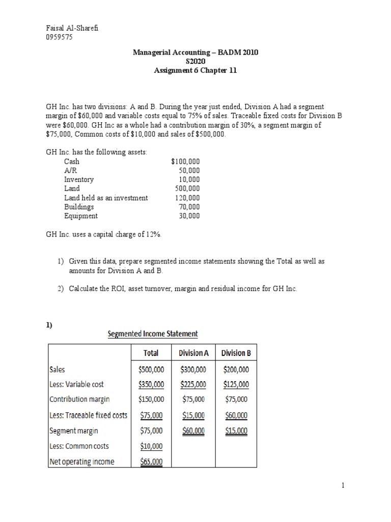 Assignment 11 Managerial Accounting | PDF | Return On Investment | Book ...