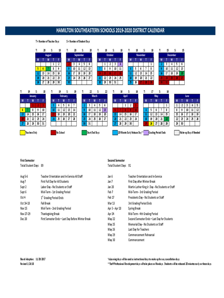 Hamilton Southeastern Schools 2019 2020 District Calendar PDF