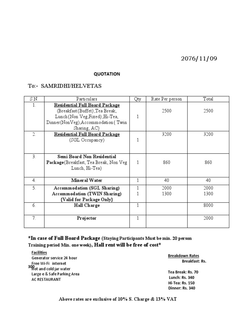 Room and Board Package Quotation | PDF
