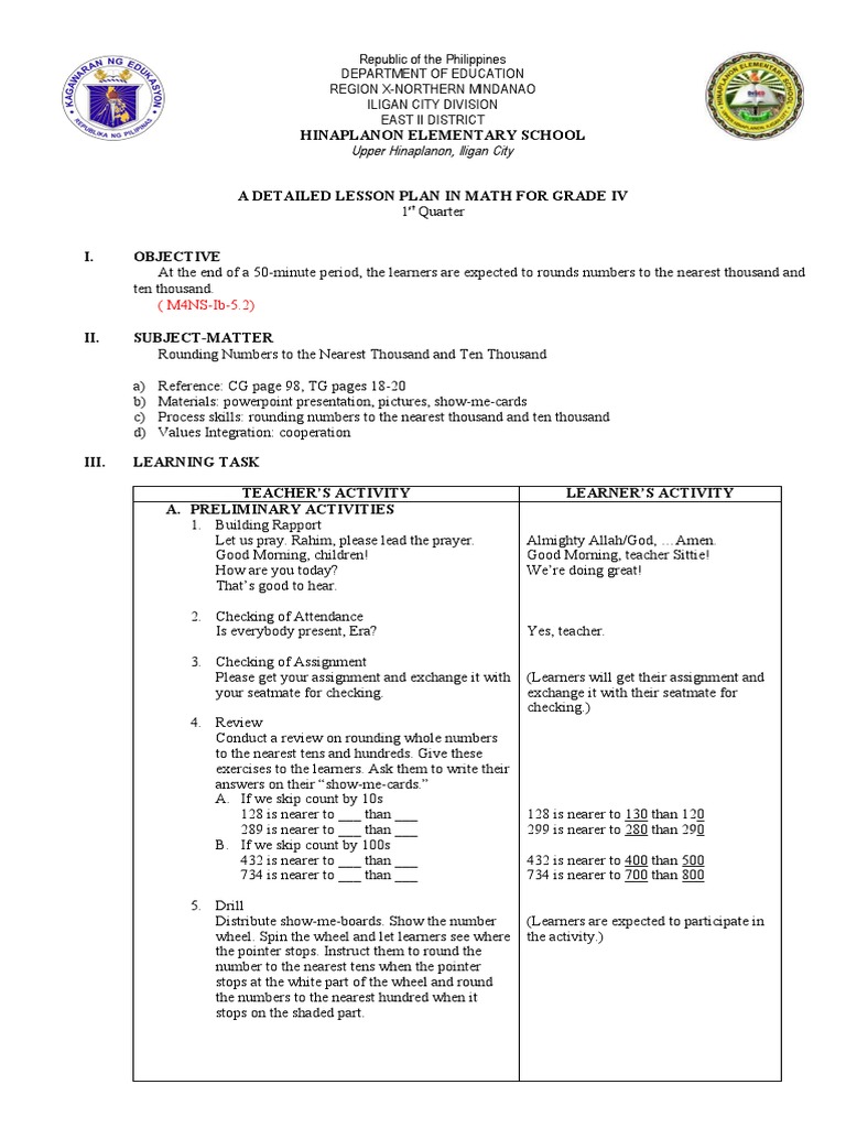 A Detailed Lesson Plan in Math For Grade Iv: (M4NS-Ib-5.2)