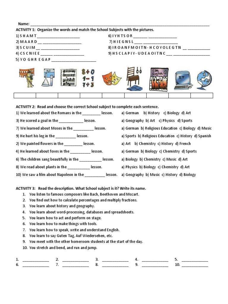 School Subjects Worksheet Activities | PDF | Cognition | Learning