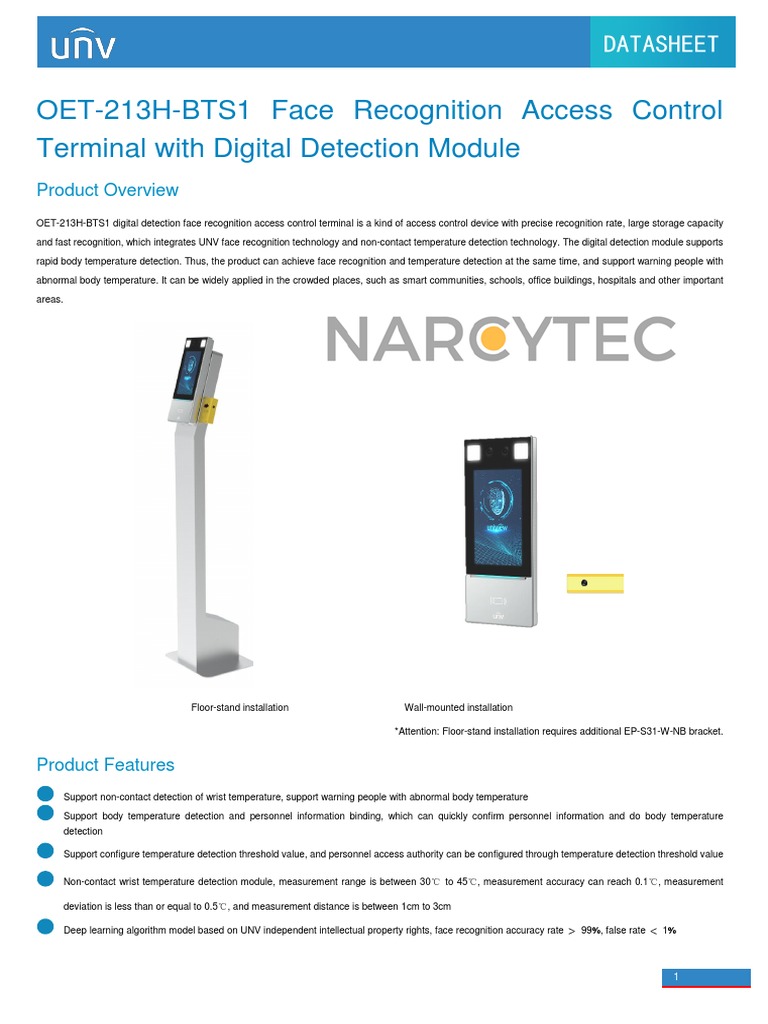 UNV OET-213H-BTS1 Face Recognition Access Control Terminal With Digital ...