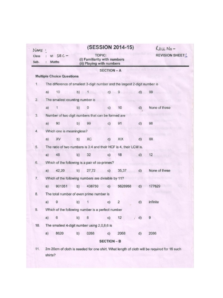 CBSE Class 20 Knowing Our Numbers Worksheet PDF   PDF