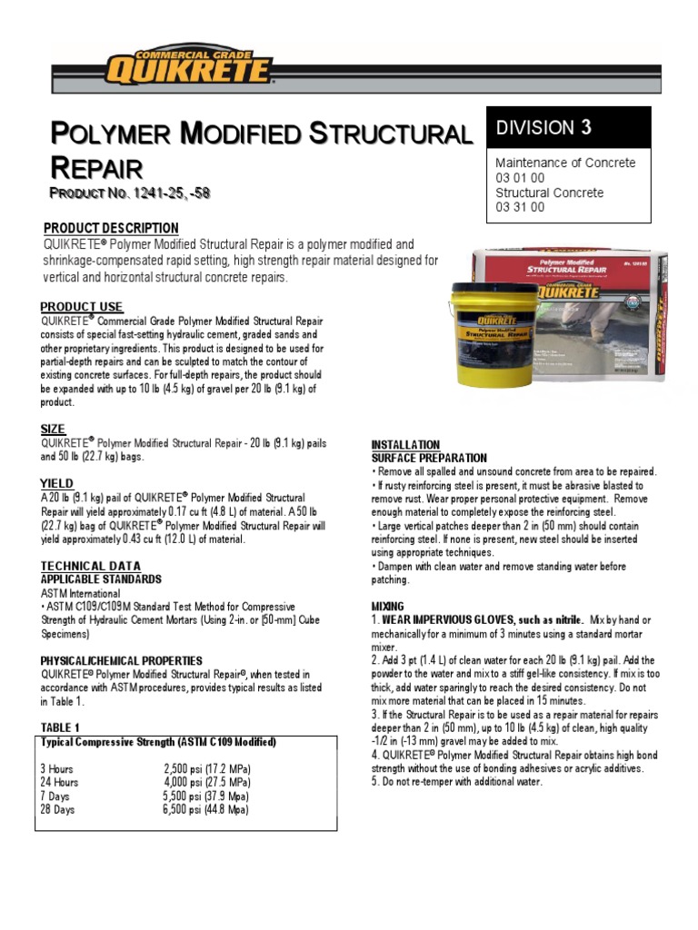 Polymer Modified Structural Repair 1241 25 | PDF | Mortar (Masonry ...