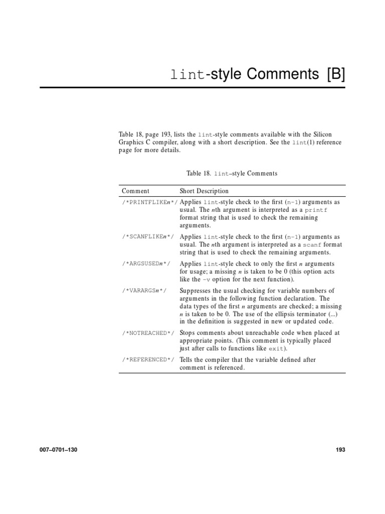 Lint-Style Comments for SGI C Compiler | PDF