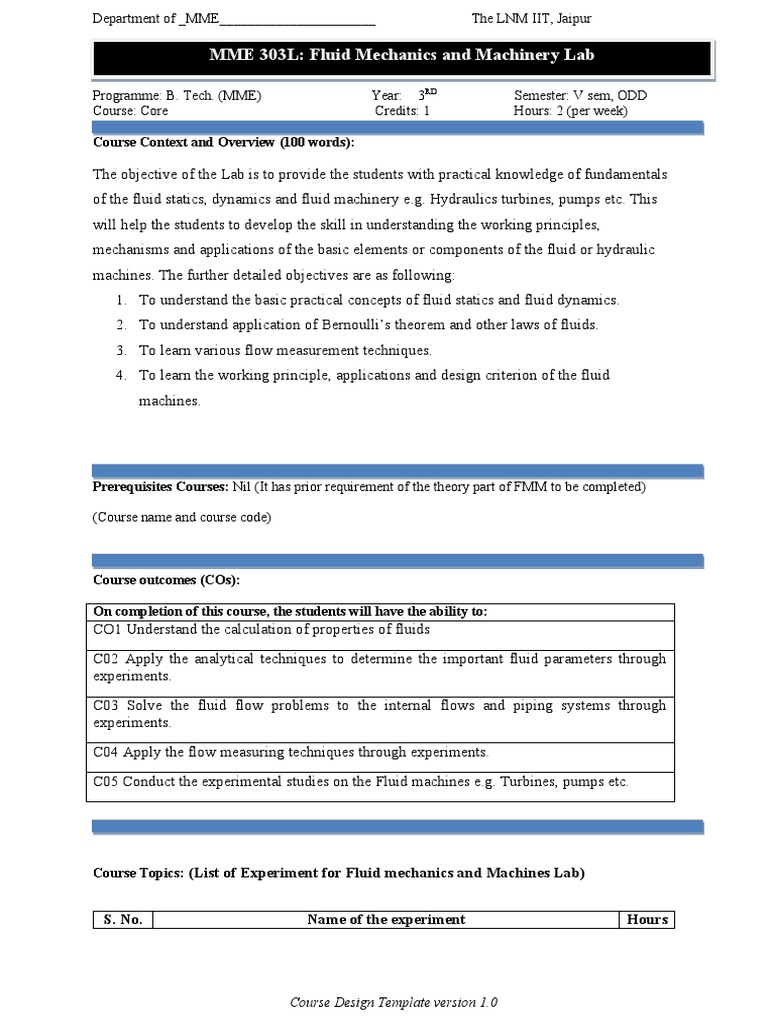 Fluid Mechanics Lab Course Overview | PDF | Fluid Dynamics | Machines