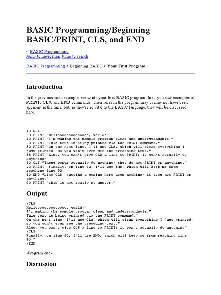 BASIC Programming/Beginning Basic/Print, CLS, and End | PDF | Control ...