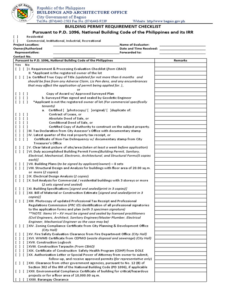 Building Permit Requirement Checklist Pursuant To P.D. 1096, National