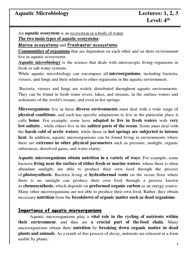 Aquatic Microbiology Lectures 1 2 3 Level 4 Pdf Water