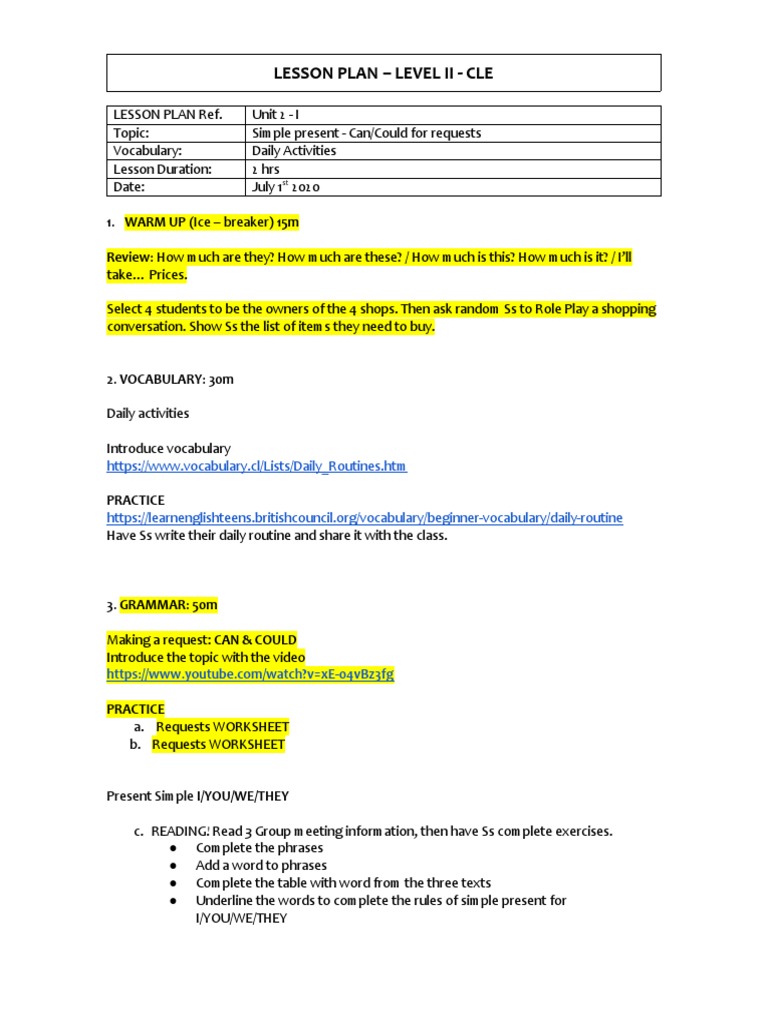Lesson Plan - Level Ii - Cle | PDF | Lesson Plan | Grammar