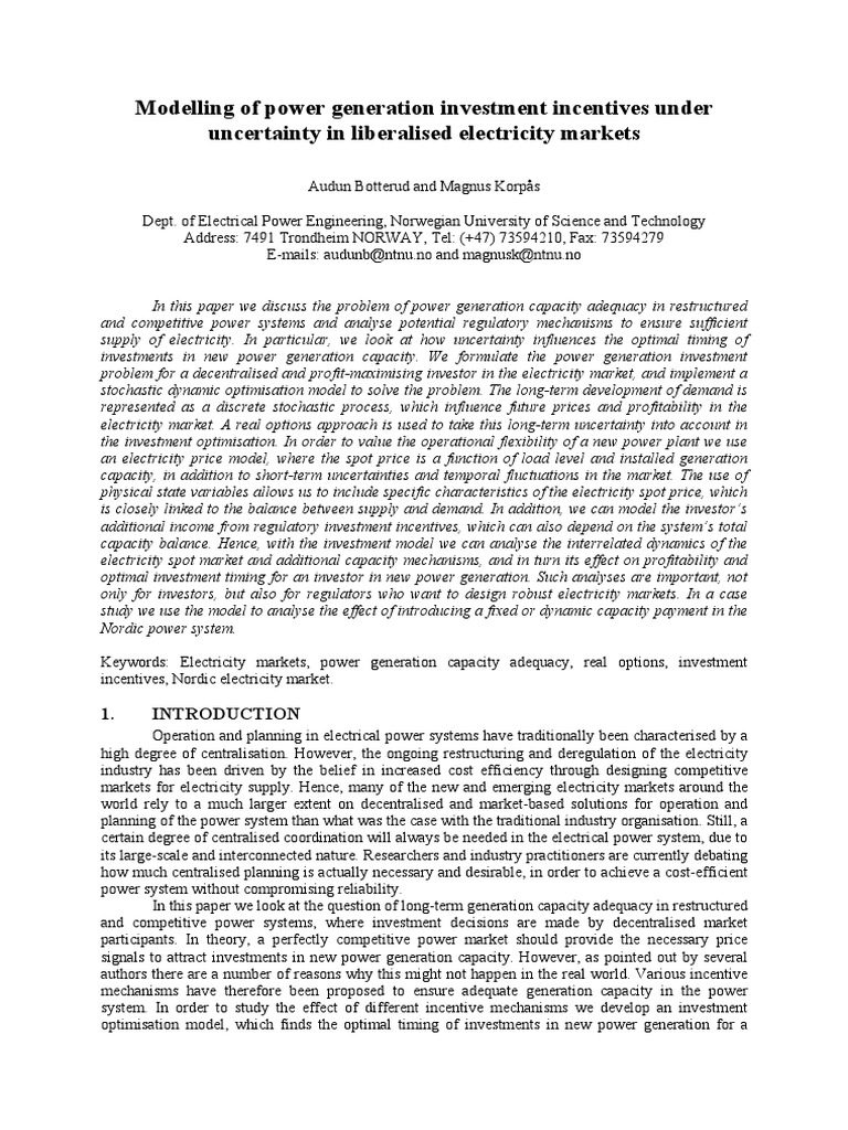Investment Incentives in Nordic Power Markets | PDF | Valuation ...