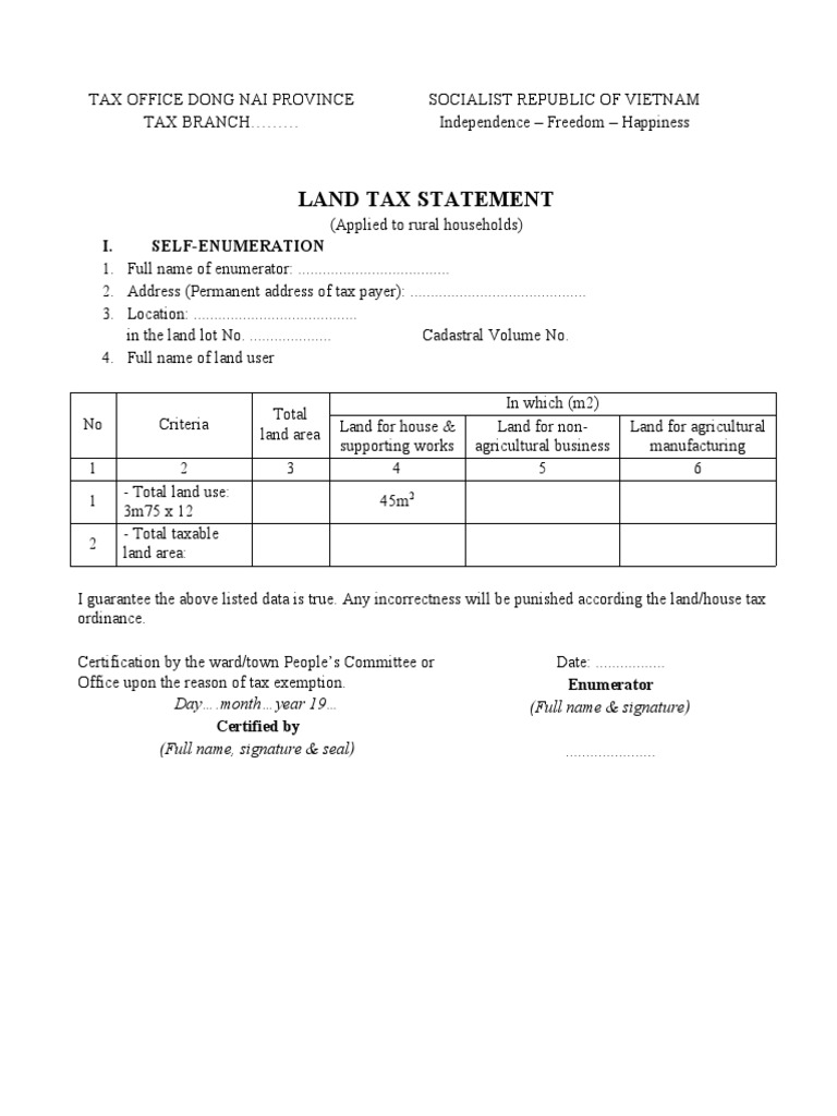Land Tax Statement I. SelfEnumeration PDF Taxes Taxation