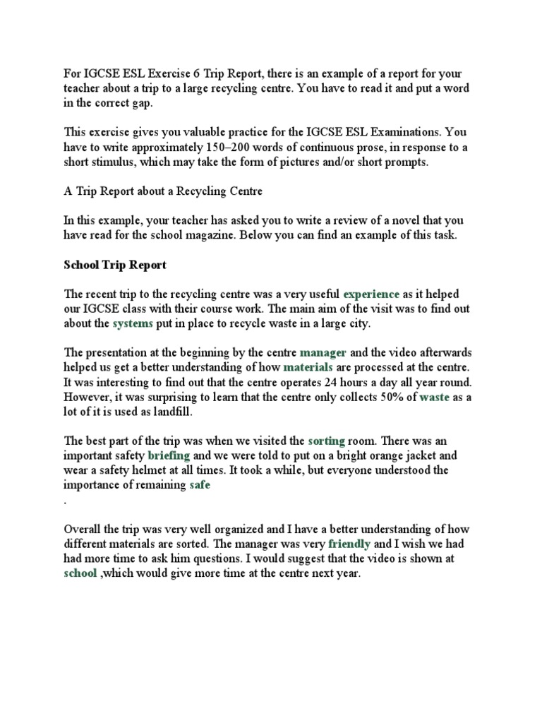 For IGCSE ESL Exercise 26 Trip Report  PDF