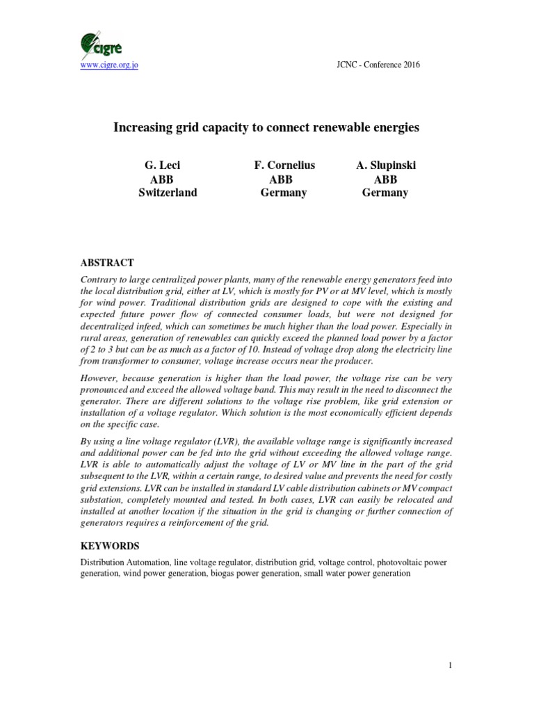 CIGRE Jordan 2016 - Increasing Grid Capacity To Connect Renewable ...