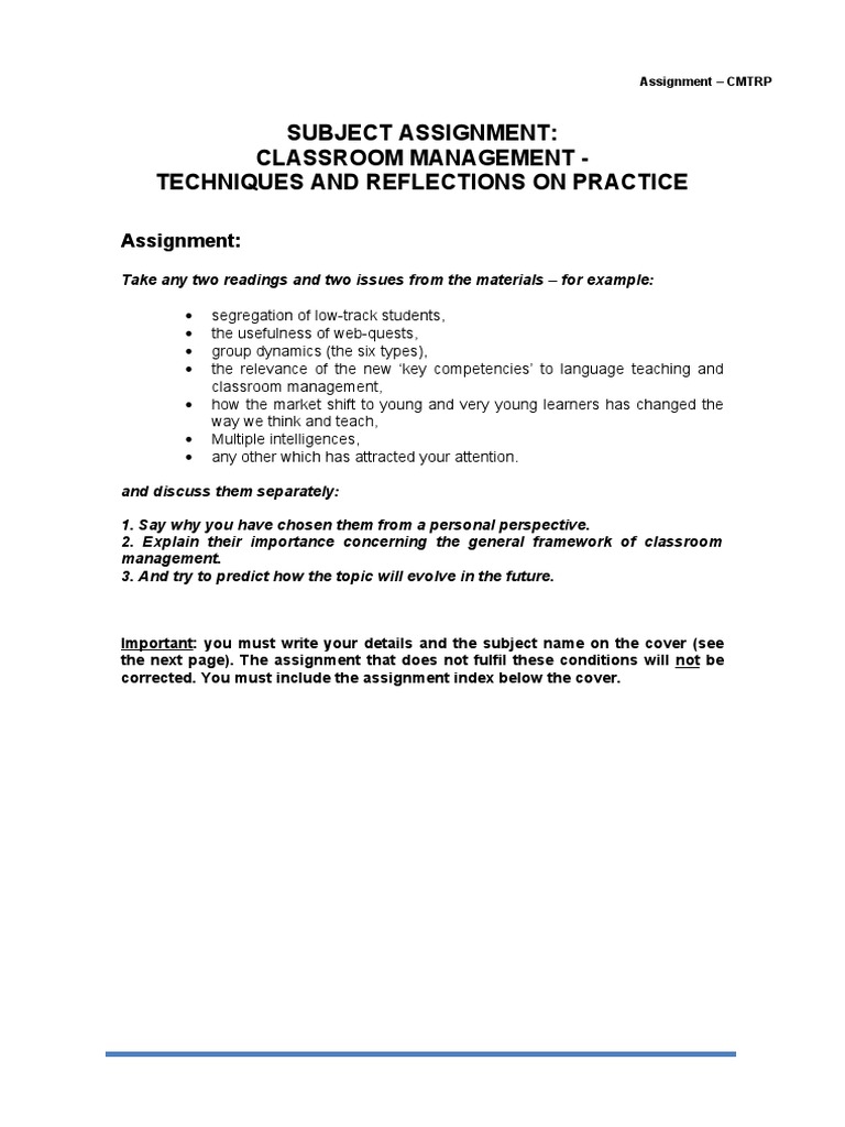 Subject Assignment Classroom Management Techniques and Reflections