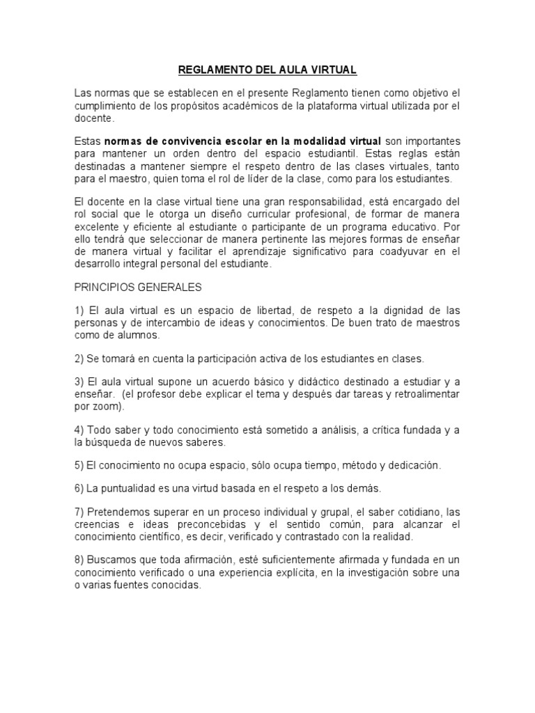 REGLAMENTO DEL AULA VIRTUAL Aprobado, PDF, Salón de clases
