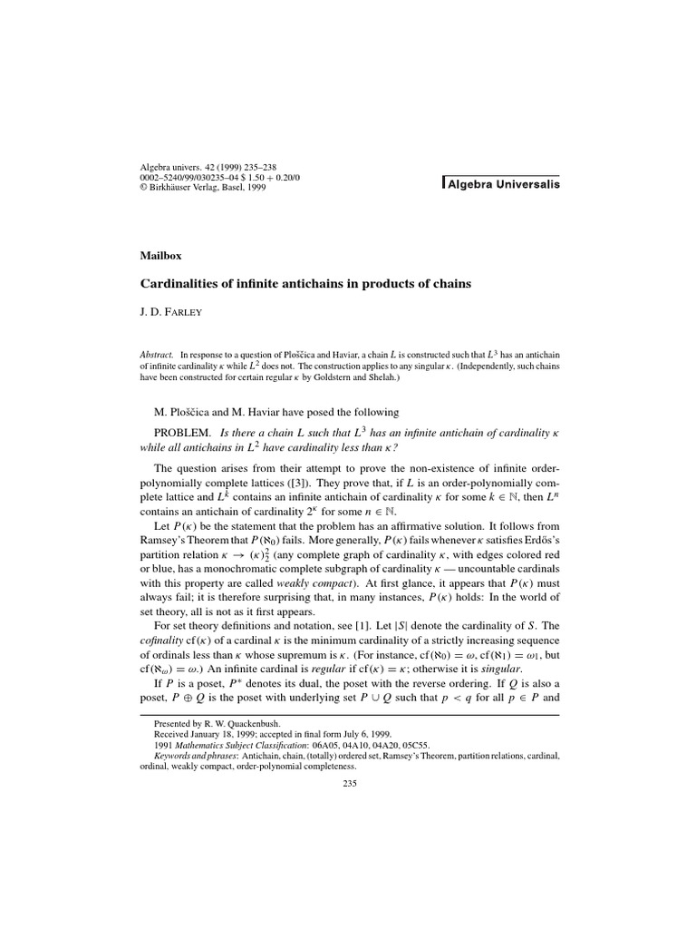 Cardinalities of Infinite Antichains in Products of Chains Mailbox PDF Abstract Algebra