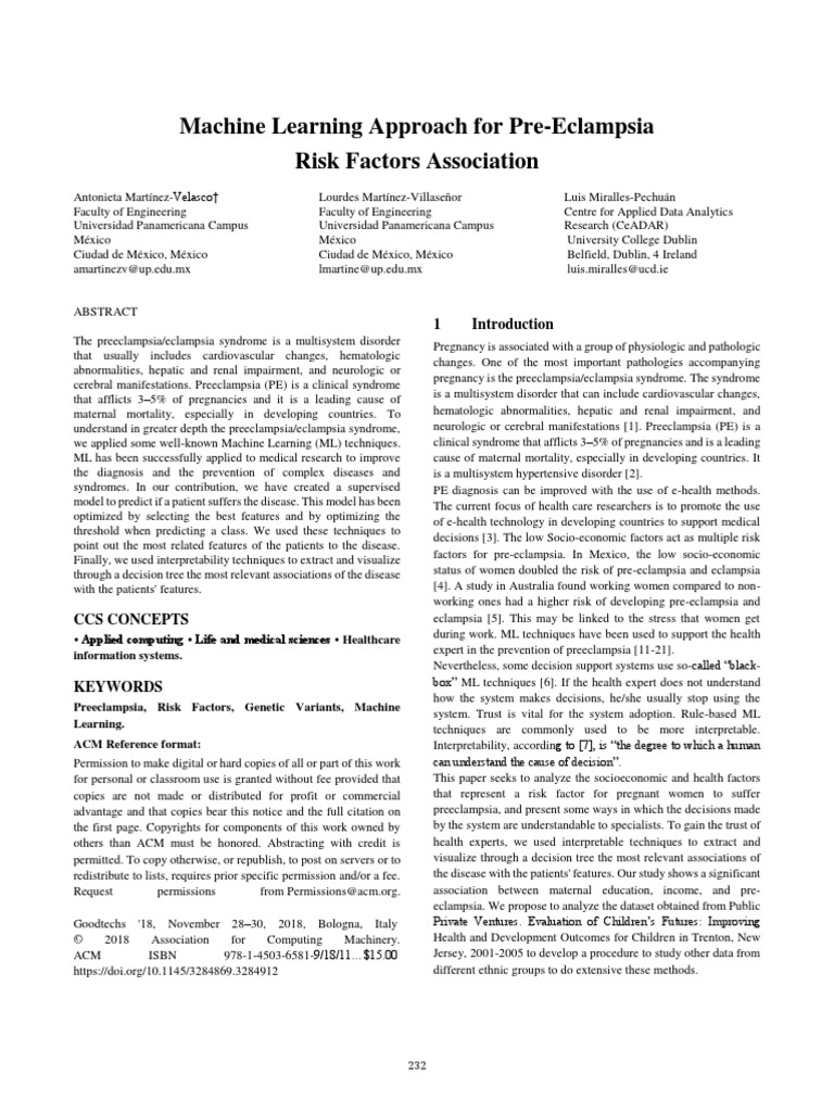 Machine Learning Approach For Pre-Eclampsia Risk Factors Association ...